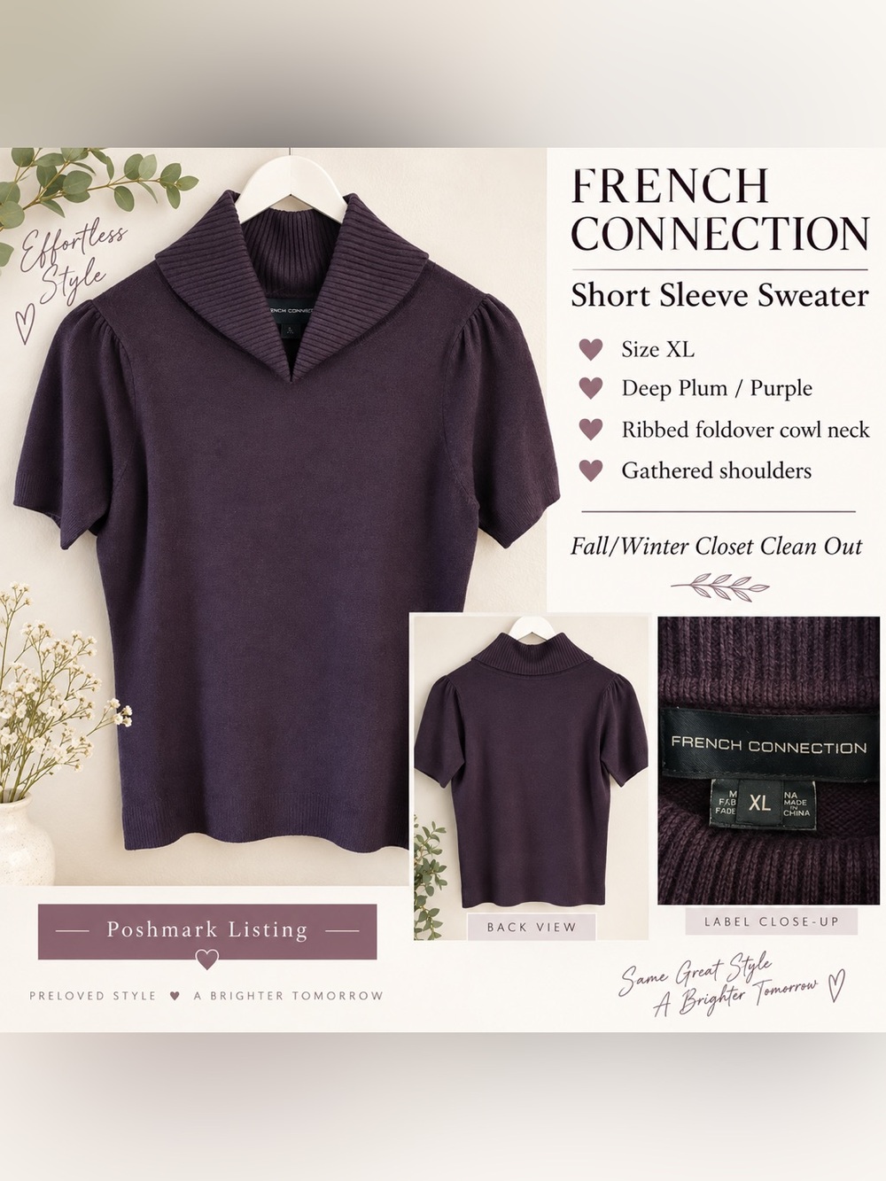 French Connection Deep Plum Short Sleeve Cowl Neck Sweater